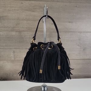 Milly Black Suede  Leather Fringe Bucket Handbag Purse